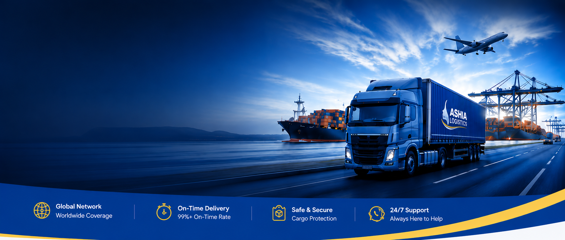 Ashia Logistics truck on highway with container ship and airplane